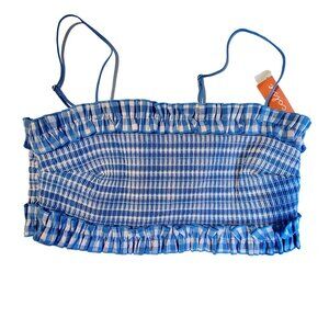 Colsie Blue Plaid Smocked Crop Top With Ruffle Trim Lightweight and breathable M